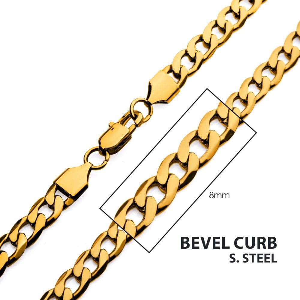 INOX JEWELRY Accessories 8mm 18Kt Gold IP Bevel Curb Chain Necklace