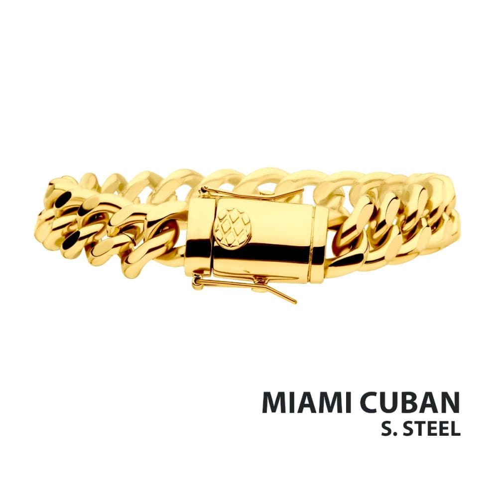 INOX JEWELRY Bracelets 12mm 18Kt Gold IP Miami Cuban Chain Bracelet
