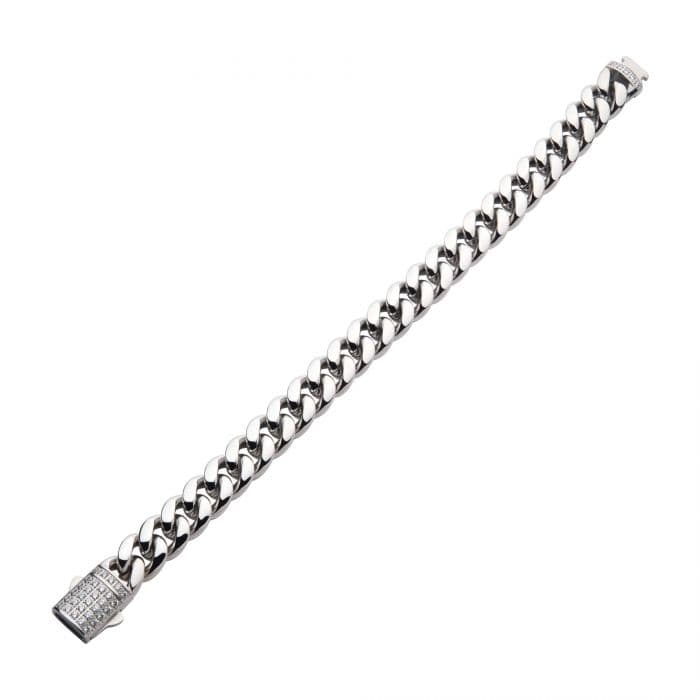 INOX JEWELRY Bracelets 12mm Silver Tone Stainless Steel Miami Cuban with CZ Double Tab Box Clasp Bracelet NSTC2112-85
