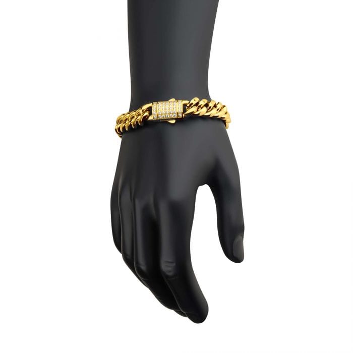 INOX JEWELRY Bracelets 18K Gold Ion Plated Stainless Steel 12mm Miami Cuban with CZ Bracelet NSTC2112-8GP