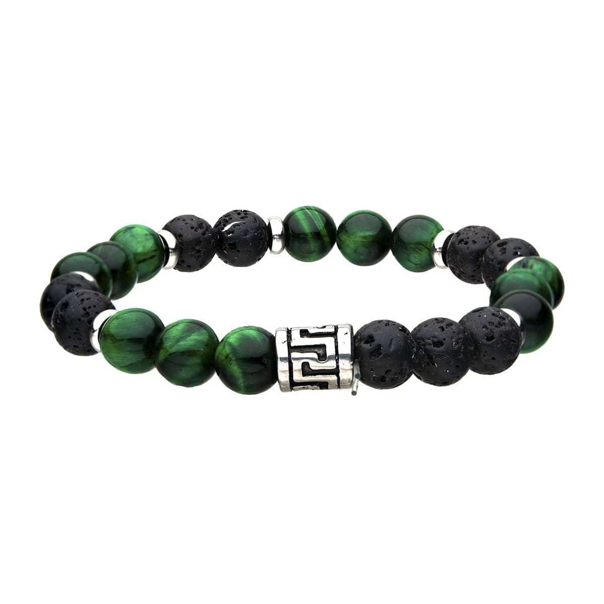 INOX JEWELRY Bracelets 8mm Green Tiger's Eye, Black Molten Lava Beads with Silver Tone Stainless Steel Detail Bracelet BR118LAVAKG