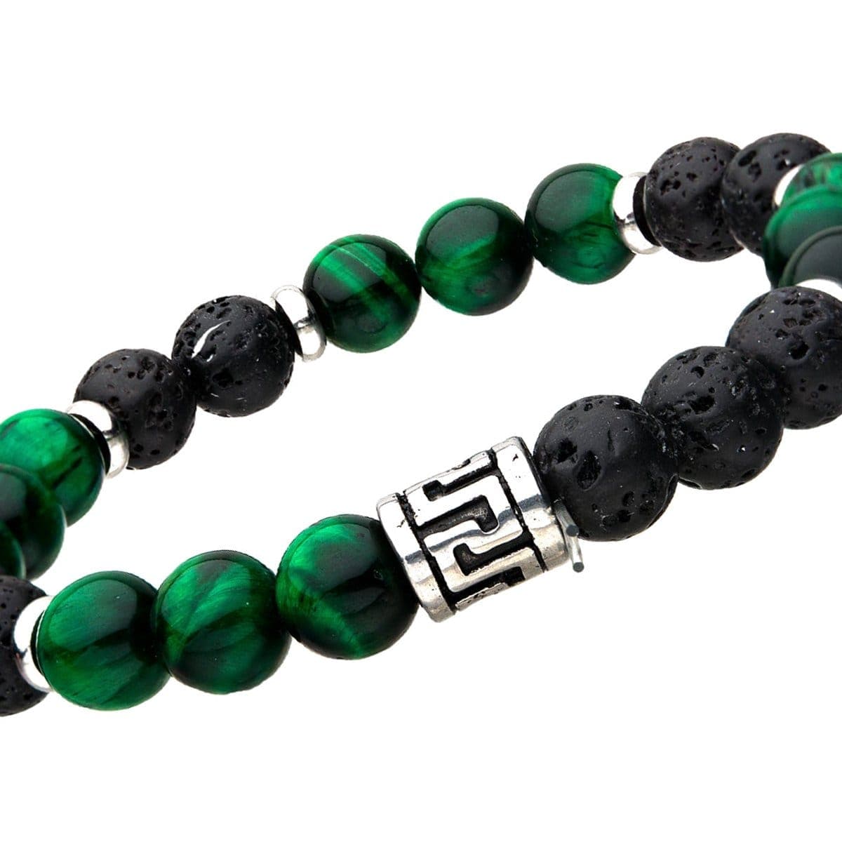 INOX JEWELRY Bracelets 8mm Green Tiger's Eye, Black Molten Lava Beads with Silver Tone Stainless Steel Detail Bracelet BR118LAVAKG