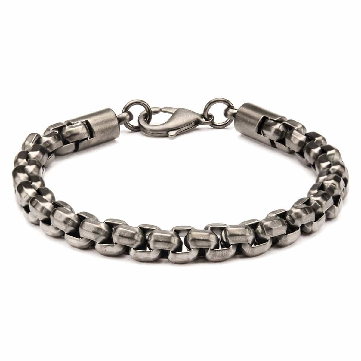 INOX JEWELRY Bracelets Antiqued Gunmetal Silver Tone Stainless Steel Round Box Link Bracelet BR0128GM