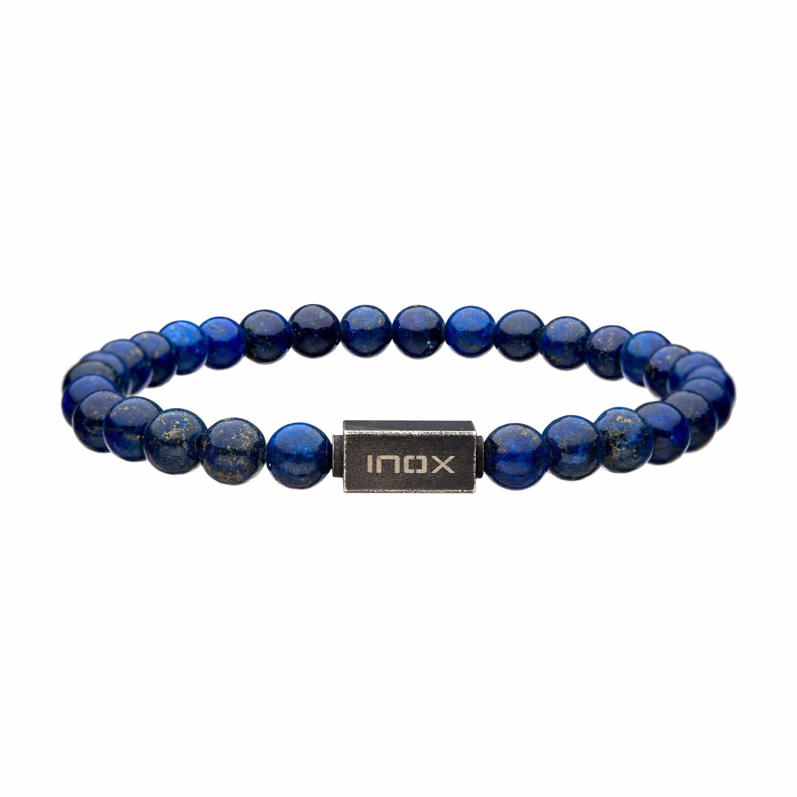 INOX JEWELRY Bracelets Antiqued Silver Tone Stainless Steel 6mm Blue Lapis Lazuli Stretch Bead Bracelet BRELB