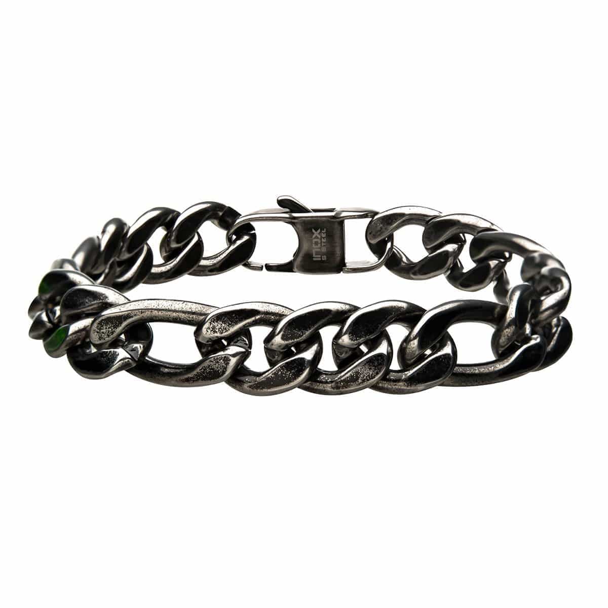 INOX JEWELRY Bracelets Antiqued Silver Tone Stainless Steel Oxidized Finish 11mm Figaro Chain Bracelet BRAT03611-85