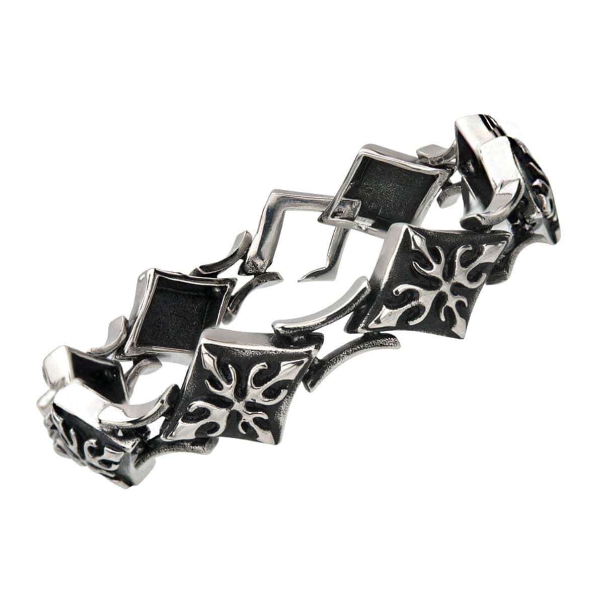 INOX JEWELRY Bracelets Antiqued Silver Tone Stainless Steel with Diamond Pattern Links Bracelet BR04