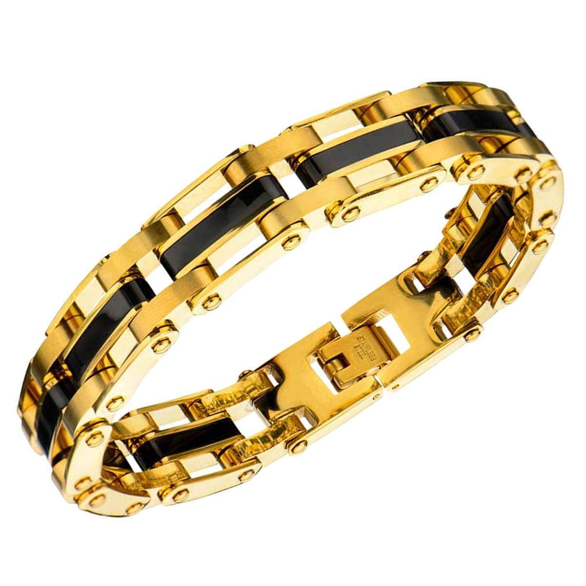 INOX JEWELRY Bracelets Black and Golden Tone Stainless Steel Macho Link Bracelet BR1212