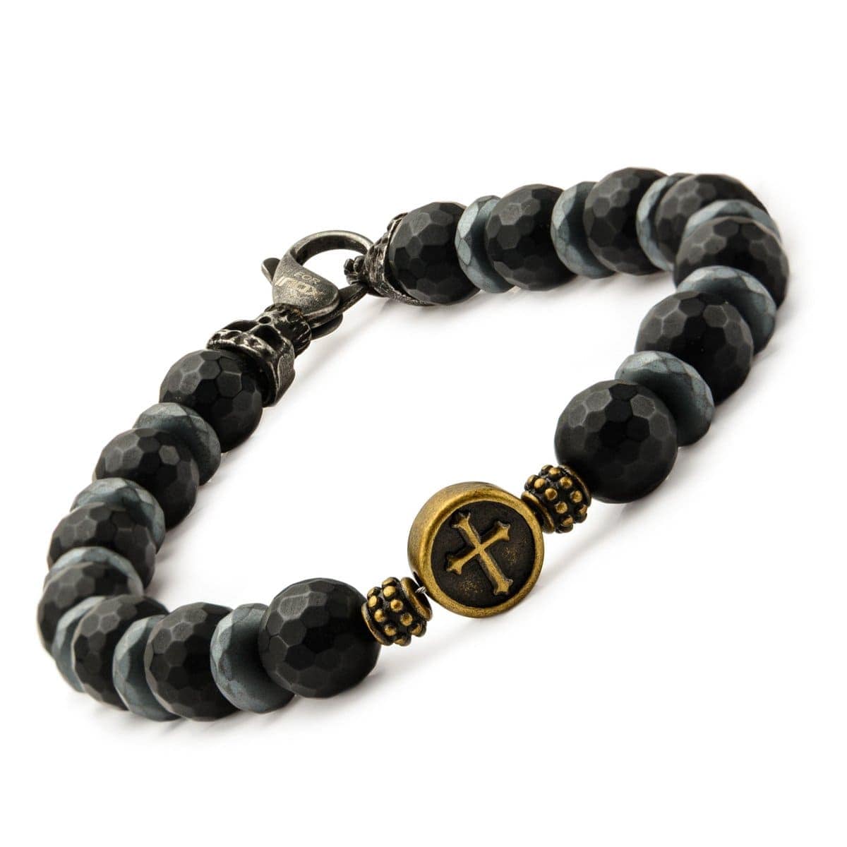 INOX JEWELRY Bracelets Black and Golden Tone Stainless Steel with Black Hematite Roberto Arichi Cross and Skull Bead Bracelet BRRA148K