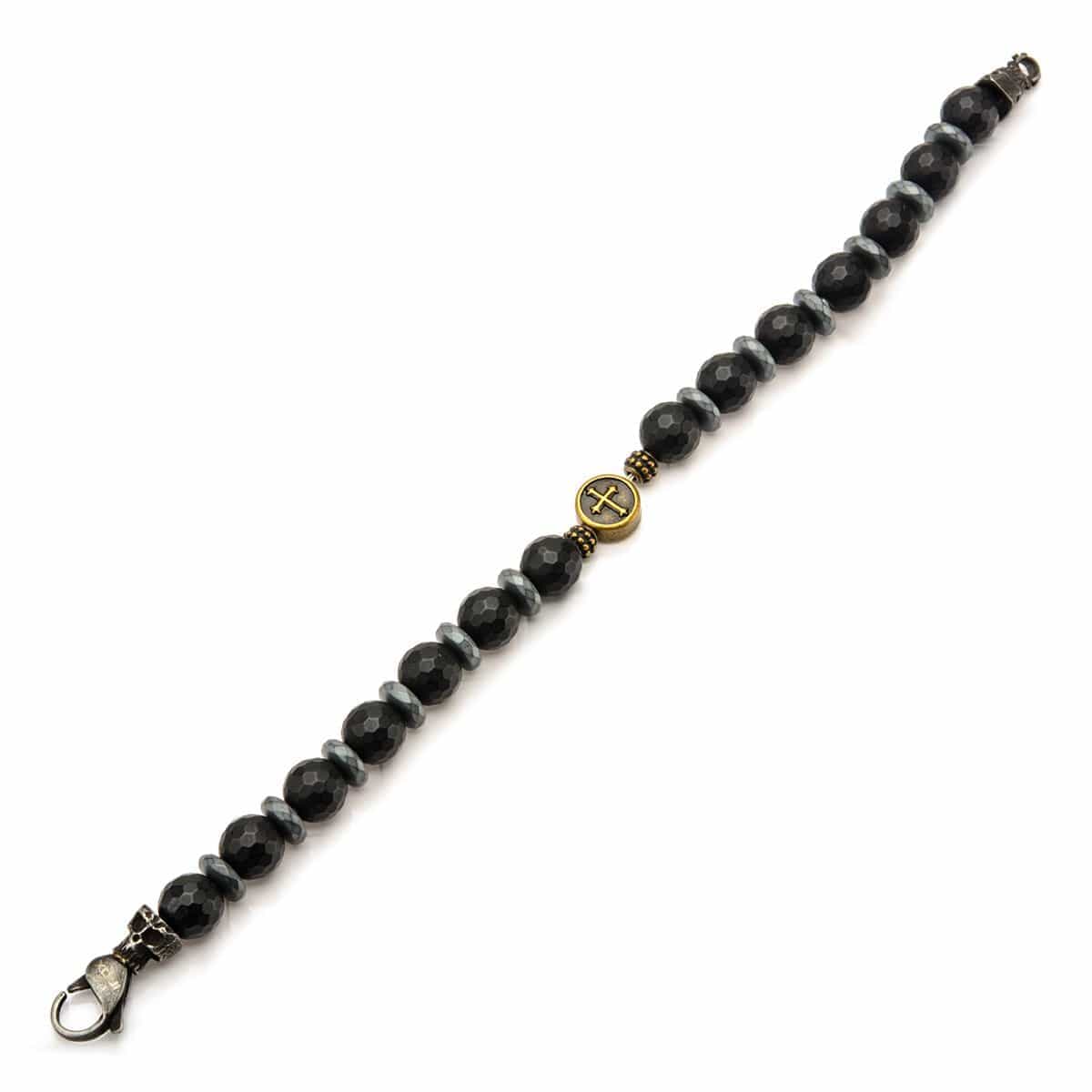 INOX JEWELRY Bracelets Black and Golden Tone Stainless Steel with Black Hematite Roberto Arichi Cross and Skull Bead Bracelet BRRA148K