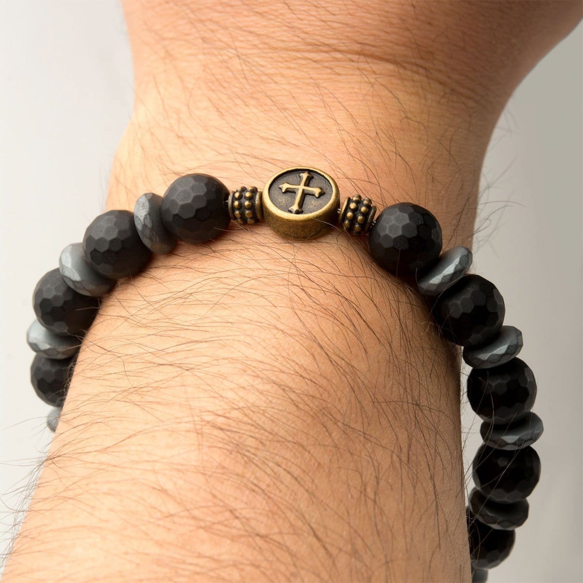 INOX JEWELRY Bracelets Black and Golden Tone Stainless Steel with Black Hematite Roberto Arichi Cross and Skull Bead Bracelet BRRA148K
