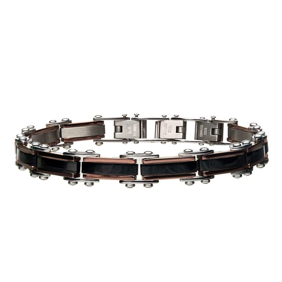 INOX JEWELRY Bracelets Black and Rose Tone Stainless Steel Reversible Block Pattern Adjustable Bracelet BRDDS10