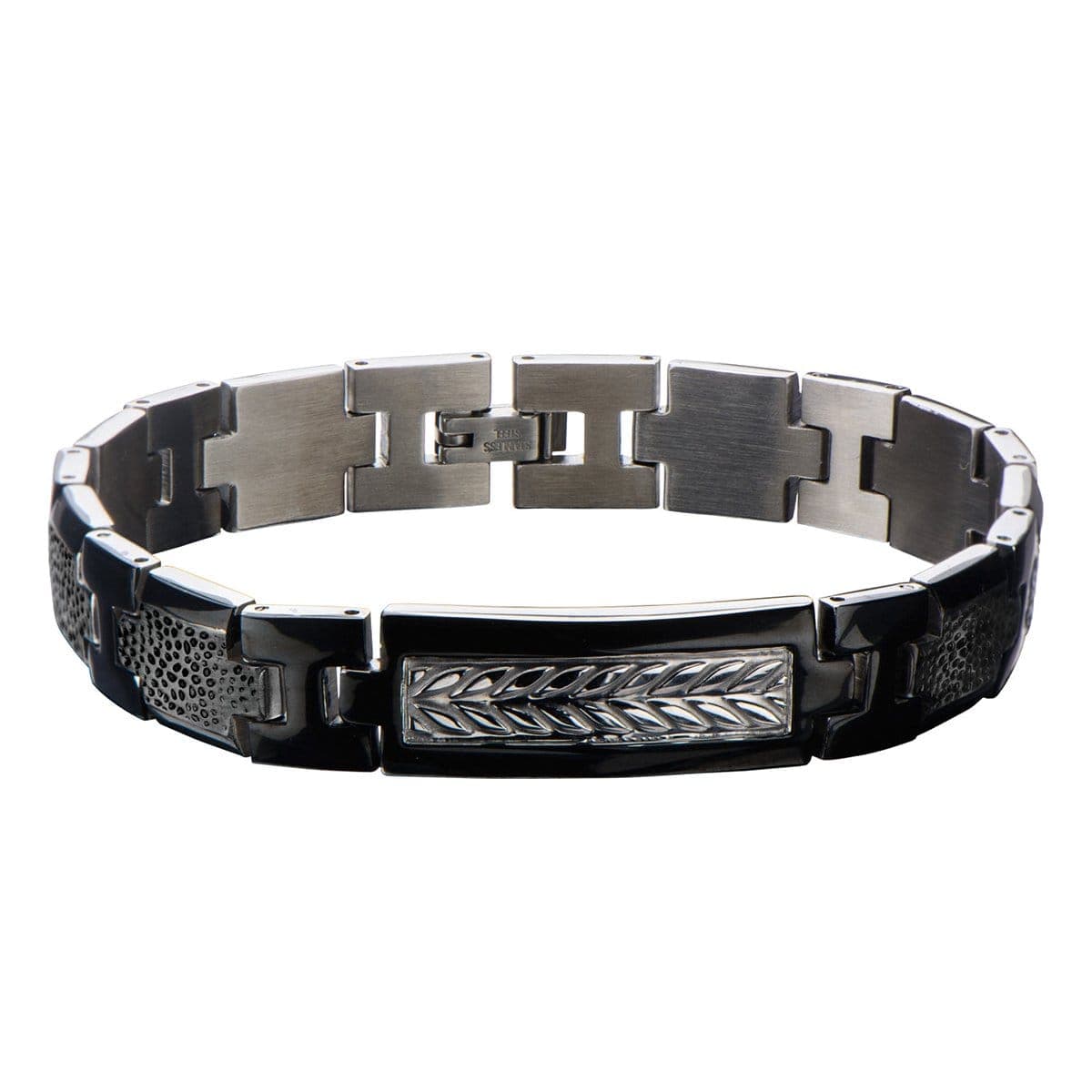 INOX JEWELRY Bracelets Black and Silver Tone Stainless Steel Leaf Patterned Link Bracelet BR17798