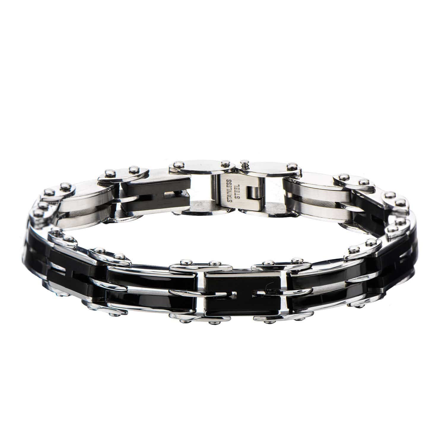 INOX JEWELRY Bracelets Black and Silver Tone Stainless Steel Reversible H-Link Bracelet BRDDS02