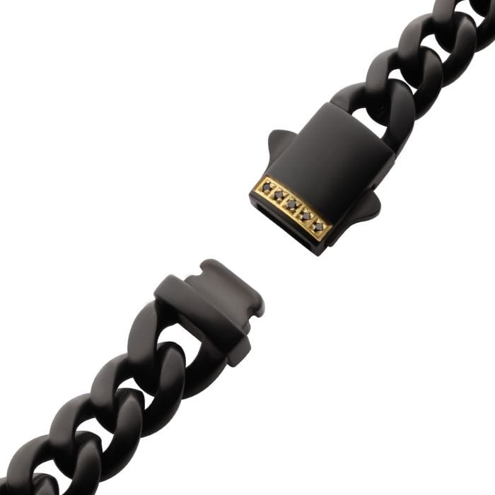 INOX JEWELRY Bracelets Black Matte Finish 18K Gold Ion Plated Stainless Steel Genuine Black Sapphire Gemstone Accent Miami Cuban Bracelet BR659K-885