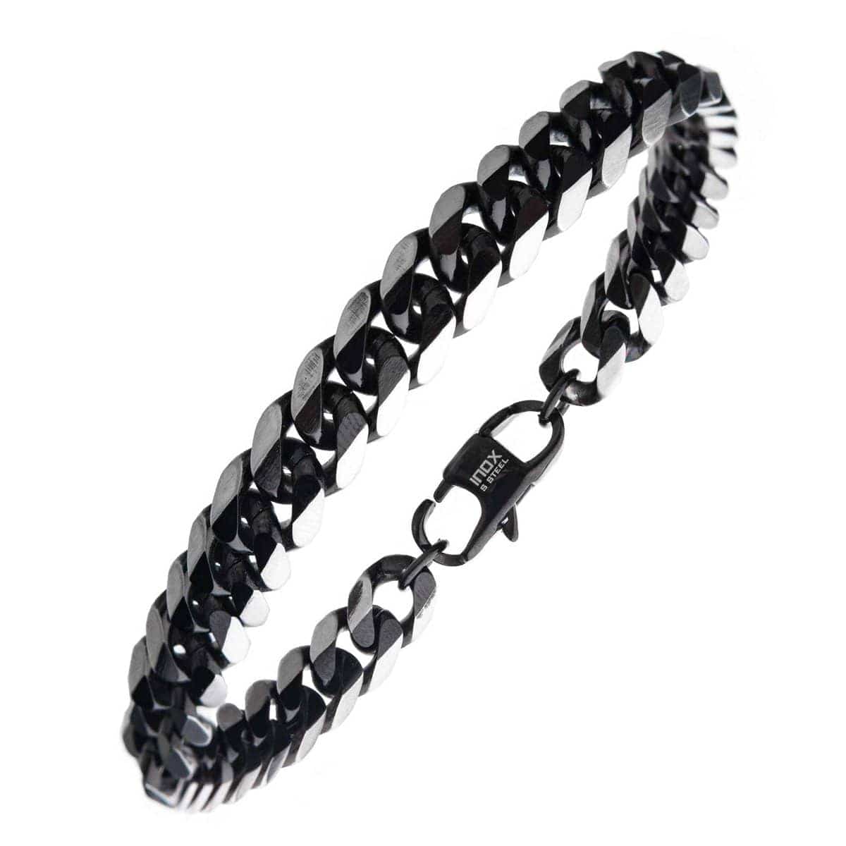 INOX JEWELRY Bracelets Black Stainless Steel 8mm Diamond Curb Chain Bracelet BR27838K