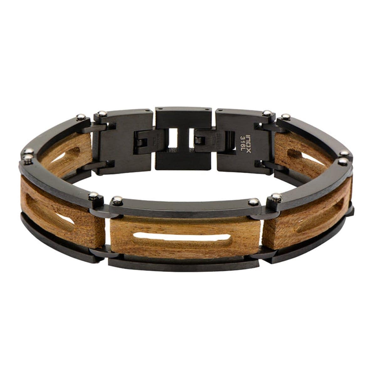 INOX JEWELRY Bracelets Black Stainless Steel and Ebony Wood Cut-Out Adjustable Bracelet BR14457