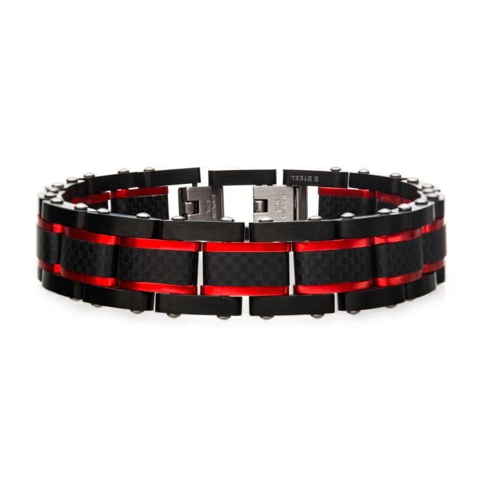 INOX JEWELRY Bracelets Black Stainless Steel with Black Carbon Fiber and Red Aluminium Accent Link Bracelet BRCF163R