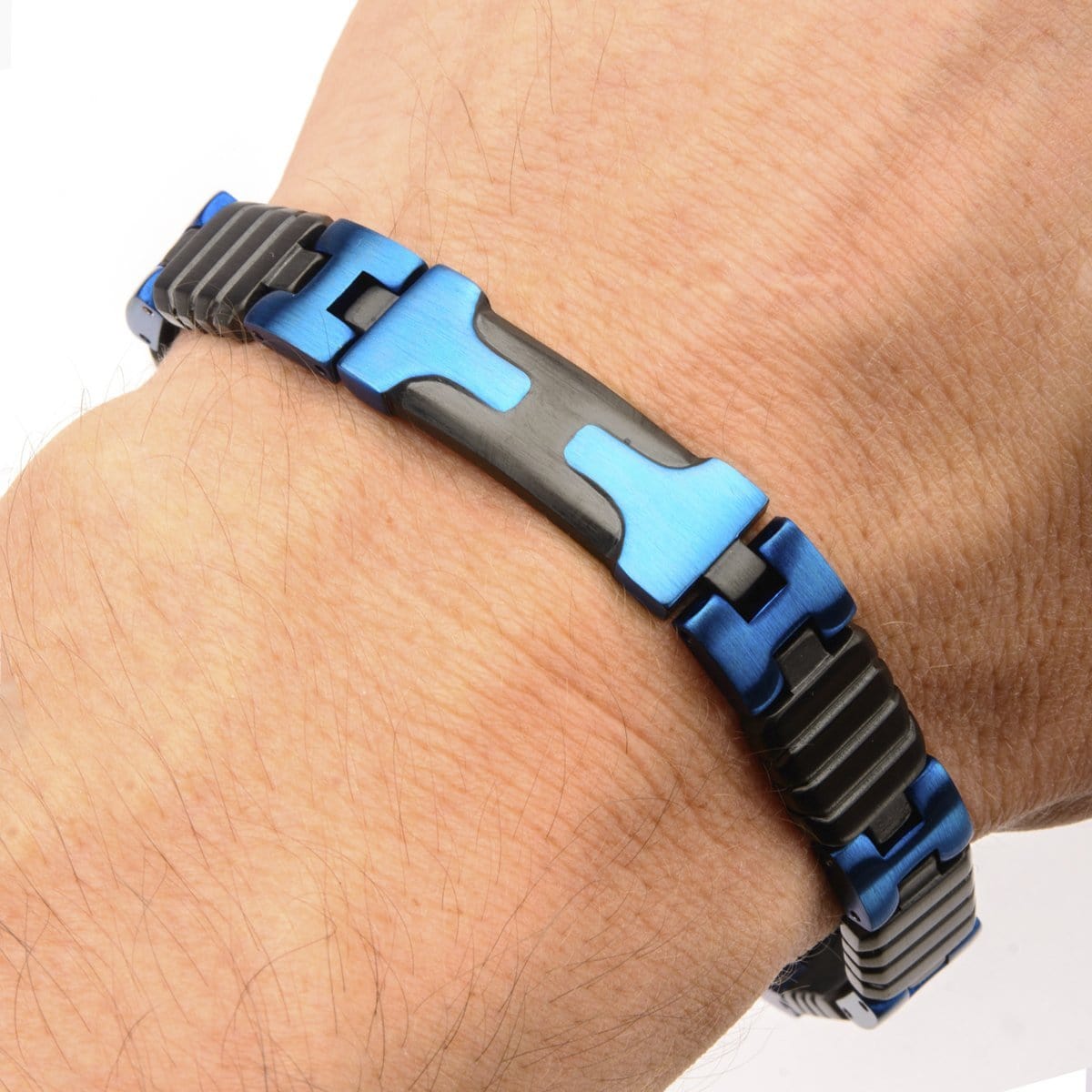 INOX JEWELRY Bracelets Blue and Black Stainless Steel Adjustable Groove Link Bracelet BR18085