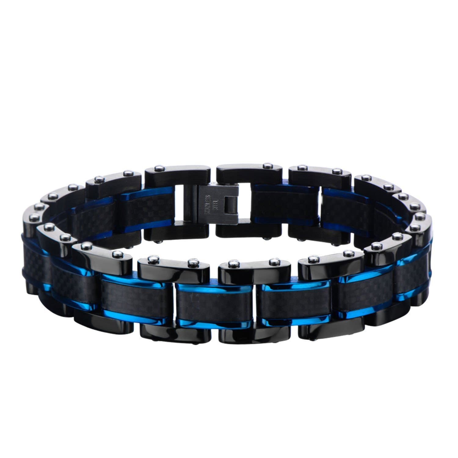 INOX JEWELRY Bracelets Blue & Black Stainless Steel Solid Carbon Fiber Center Link Bracelet BRCF163
