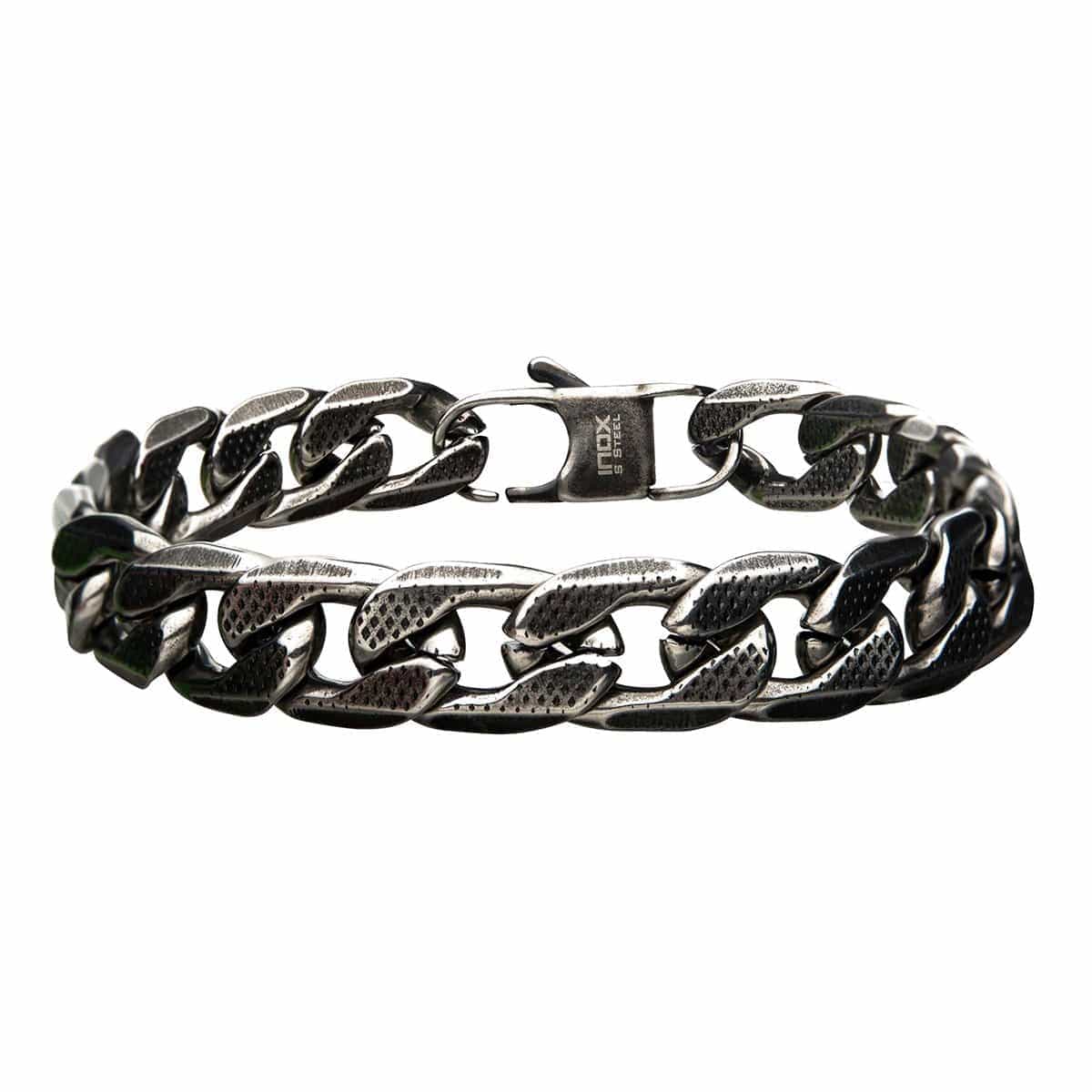 INOX JEWELRY Bracelets Gunmetal Silver Tone Stainless Steel 11mm Curb Chain Bracelet BRAT03411-85