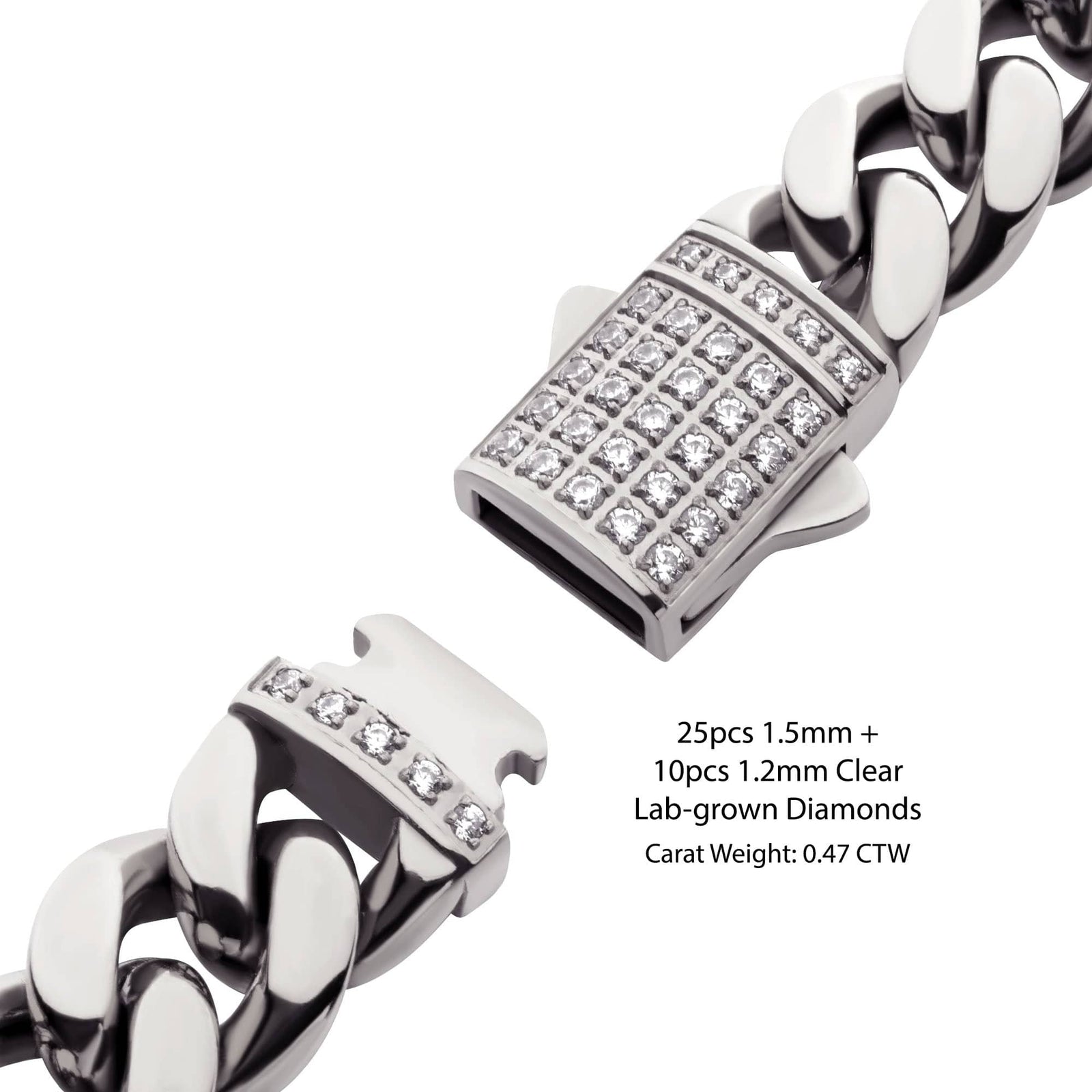 INOX JEWELRY Bracelets Lab Grown Diamond Silver Tone Stainless Steel 10mm Miami Cuban Chain Bracelet with Double Tab Box Clasp