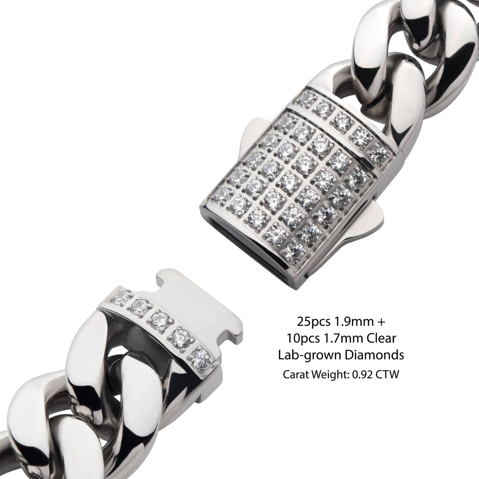 INOX JEWELRY Bracelets Lab Grown Diamond Silver Tone Stainless Steel 12mm Miami Cuban Chain Bracelet with Double Tab Box Clasp