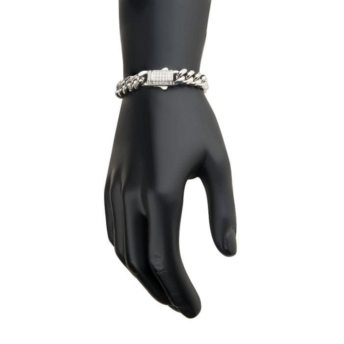 INOX JEWELRY Bracelets Lab Grown Diamond Silver Tone Stainless Steel 12mm Miami Cuban Chain Bracelet with Double Tab Box Clasp