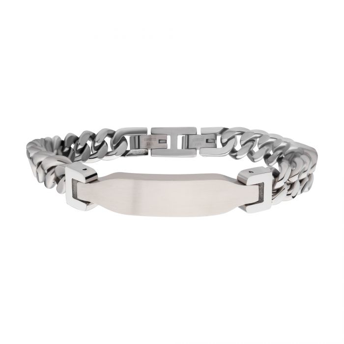 INOX JEWELRY Bracelets Matte Finish Silver Tone Stainless Steel Engravable ID Curb Chain Bracelet BR35190SM