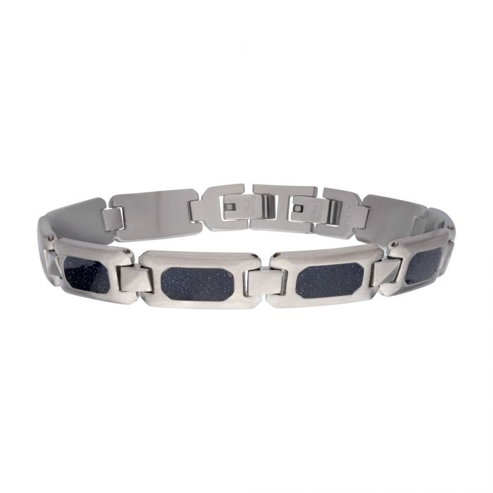 INOX JEWELRY Bracelets Matte Finish Stainless Steel Genuine Blue Sandstone Inlay Link Bracelet BR101
