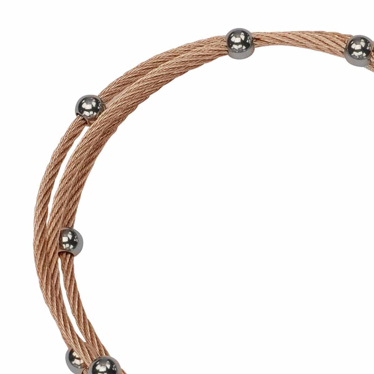 INOX JEWELRY Bracelets Rose and Silver Tone Stainless Steel Cable and Bead Wrap Kadaa BR10692RG