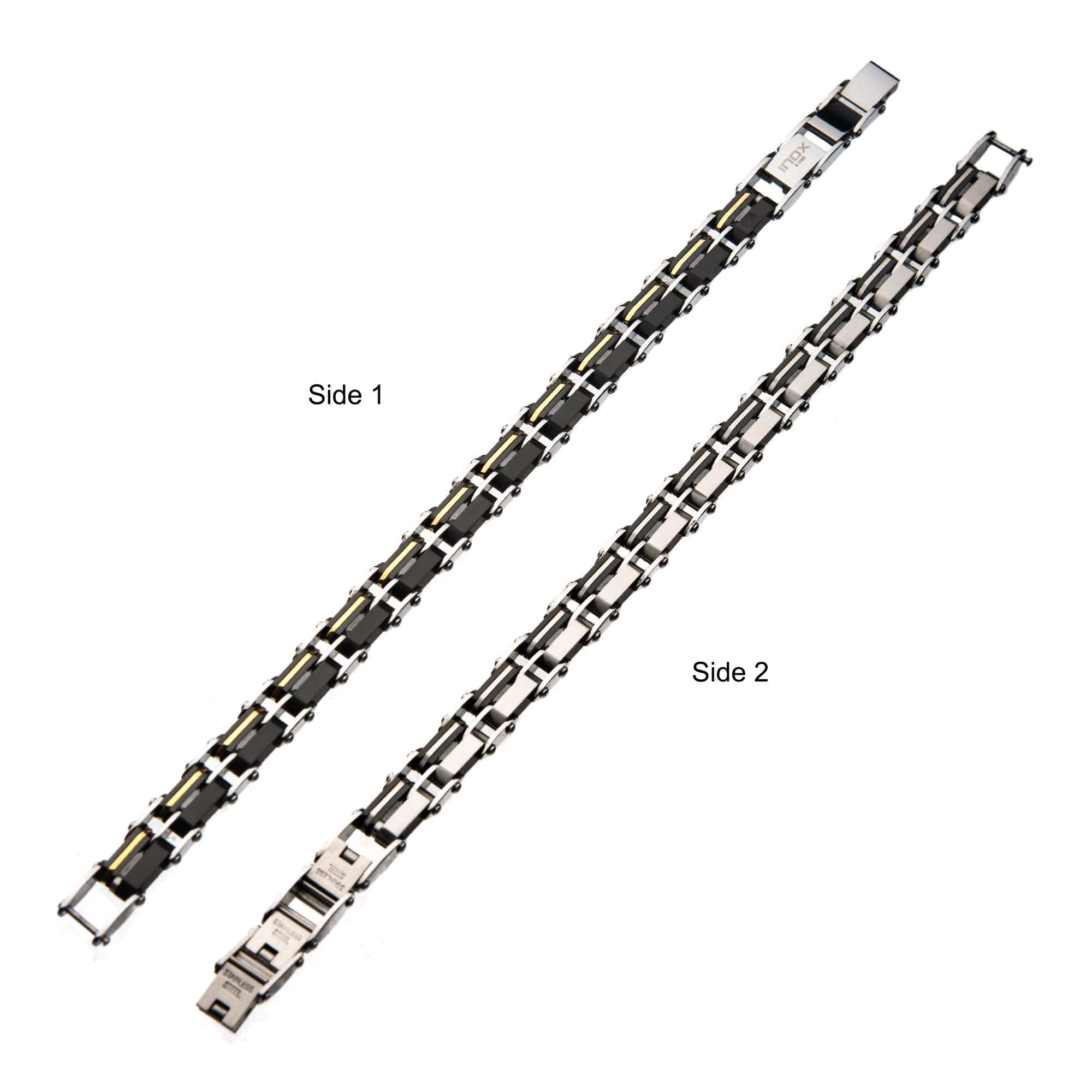 INOX JEWELRY Bracelets Silver, Black and Golden Tone Stainless Steel Reversible Link Bracelet BRDDS11