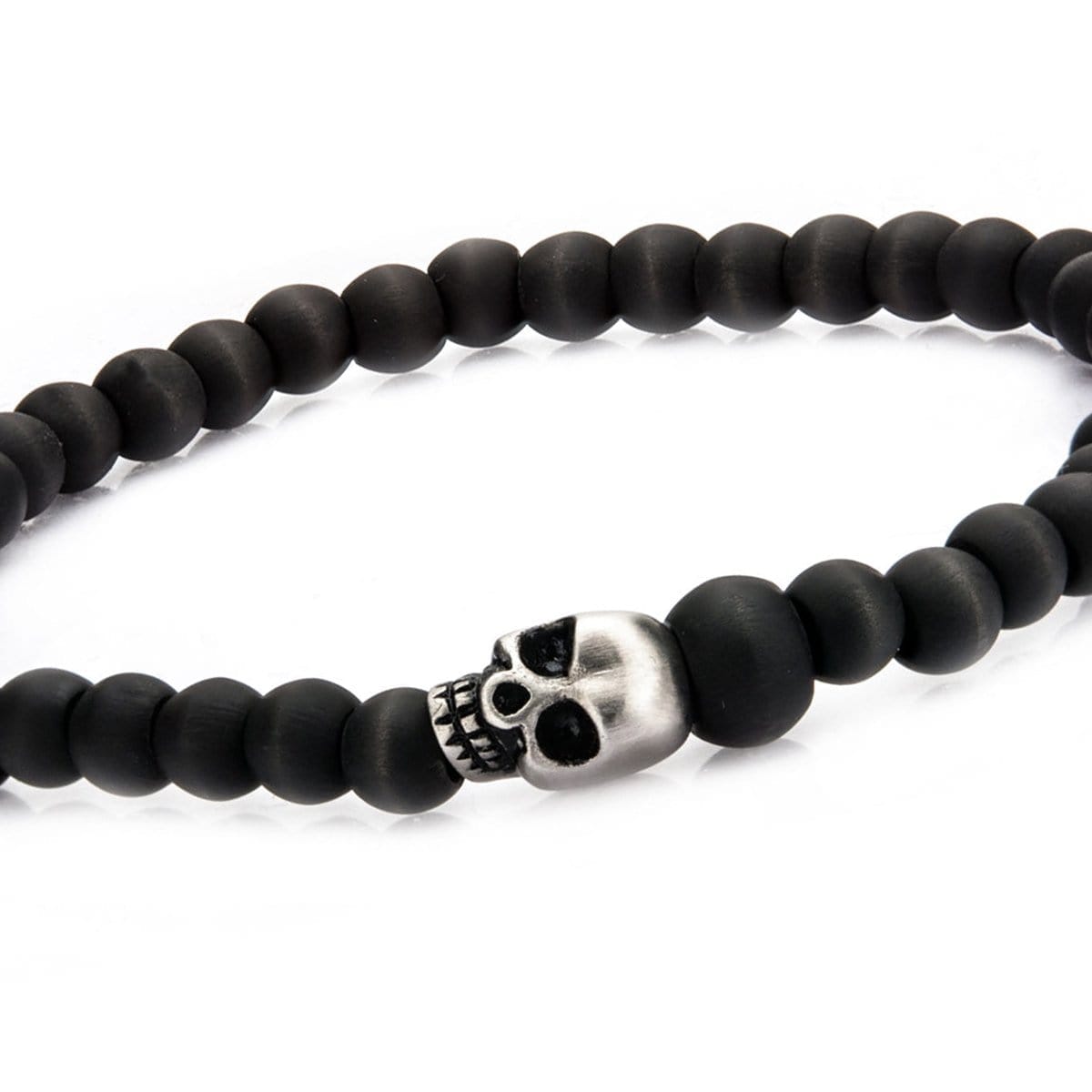 INOX JEWELRY Bracelets Silver Tone Stainless Steel and Black Carbon Fiber Bead Skull Bracelet BRL0735