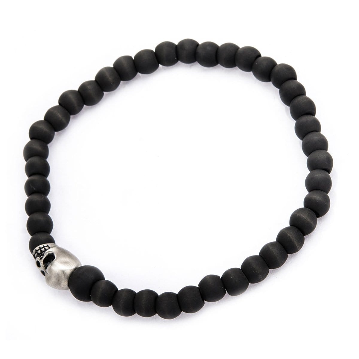 INOX JEWELRY Bracelets Silver Tone Stainless Steel and Black Carbon Fiber Bead Skull Bracelet BRL0735