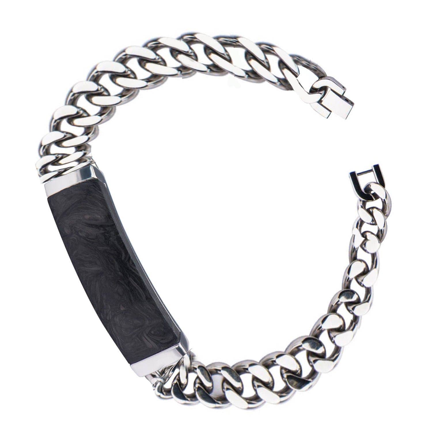 INOX JEWELRY Bracelets Silver Tone Stainless Steel and Black Carbon Graphite ID Bracelet BRCF0017