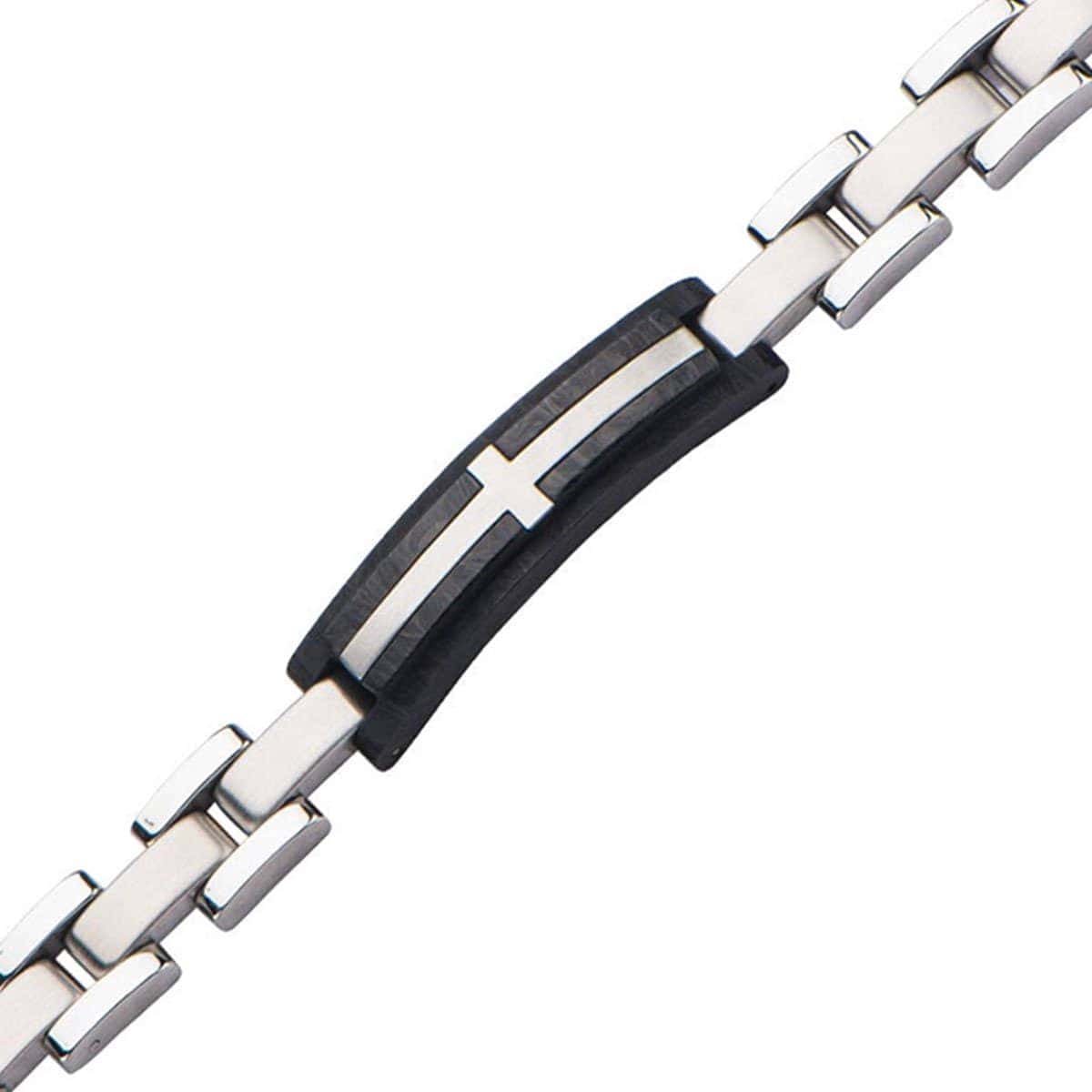 INOX JEWELRY Bracelets Silver Tone Stainless Steel and Black Carbon Graphite with Inlayed Cross ID Bracelet BRCF0015