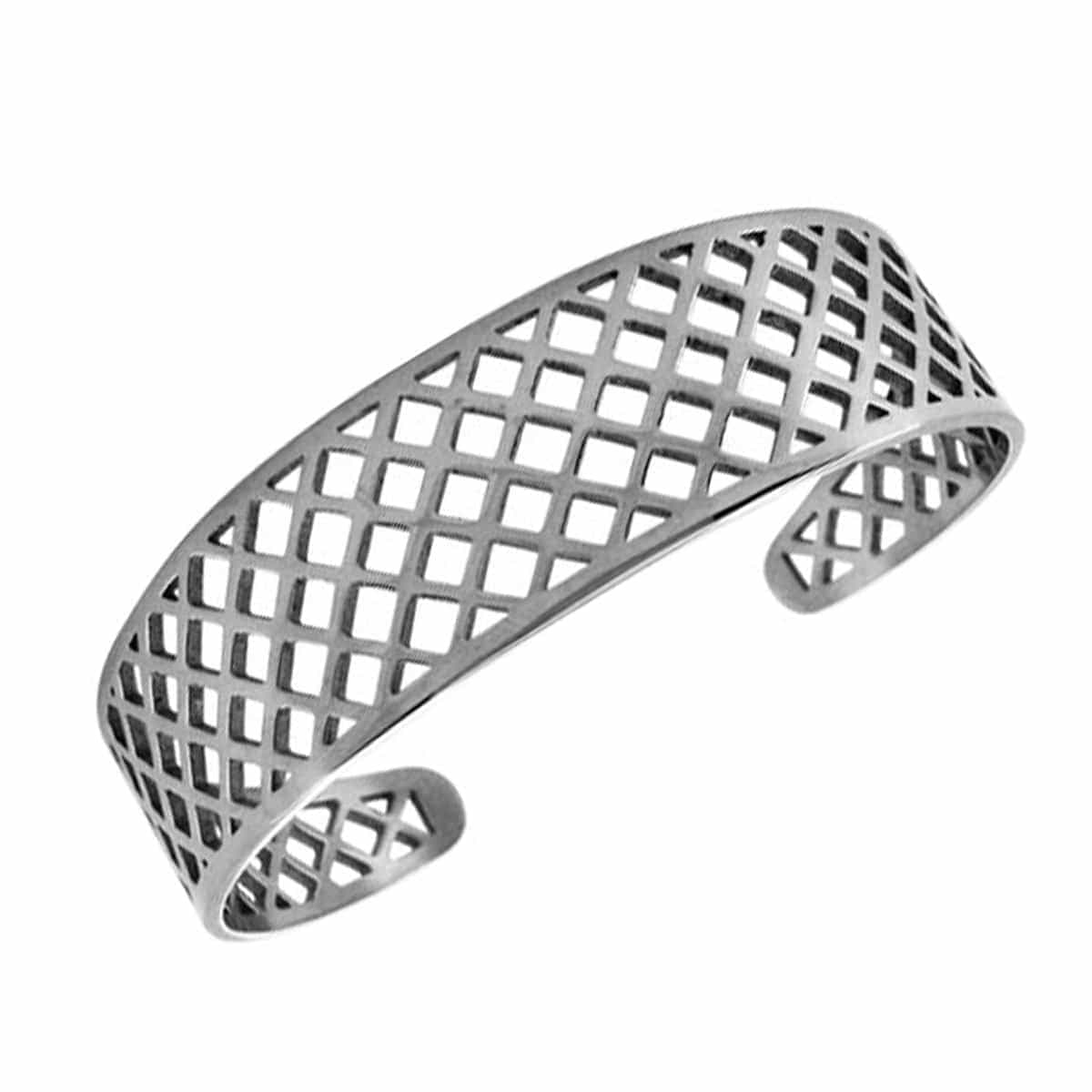 INOX JEWELRY Bracelets Silver Tone Stainless Steel Basket Weave Cut-Out Cuff Kadaa BR3097