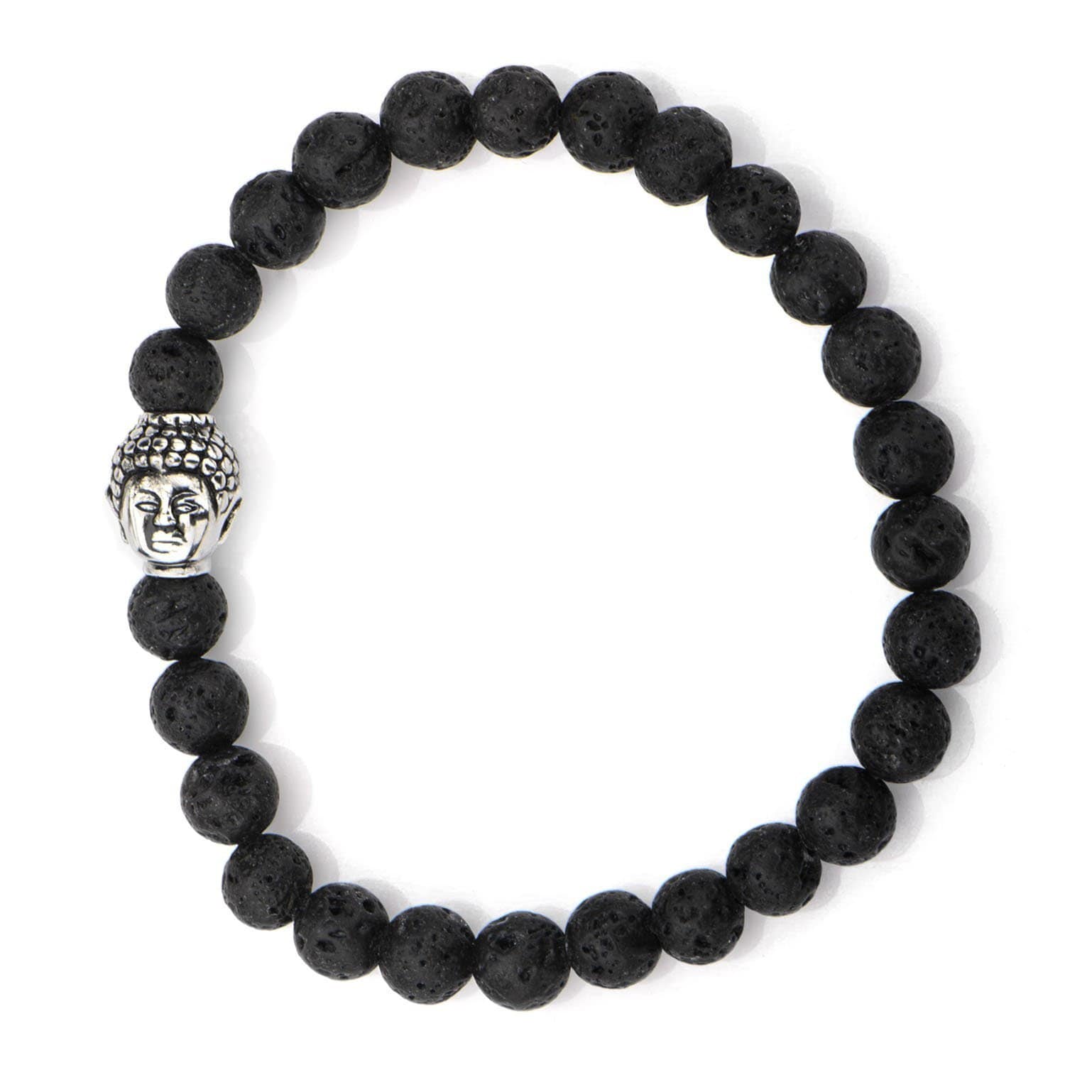 INOX JEWELRY Bracelets Silver Tone Stainless Steel Buddha on Black Lava Satin Stretch Bracelet BR5149