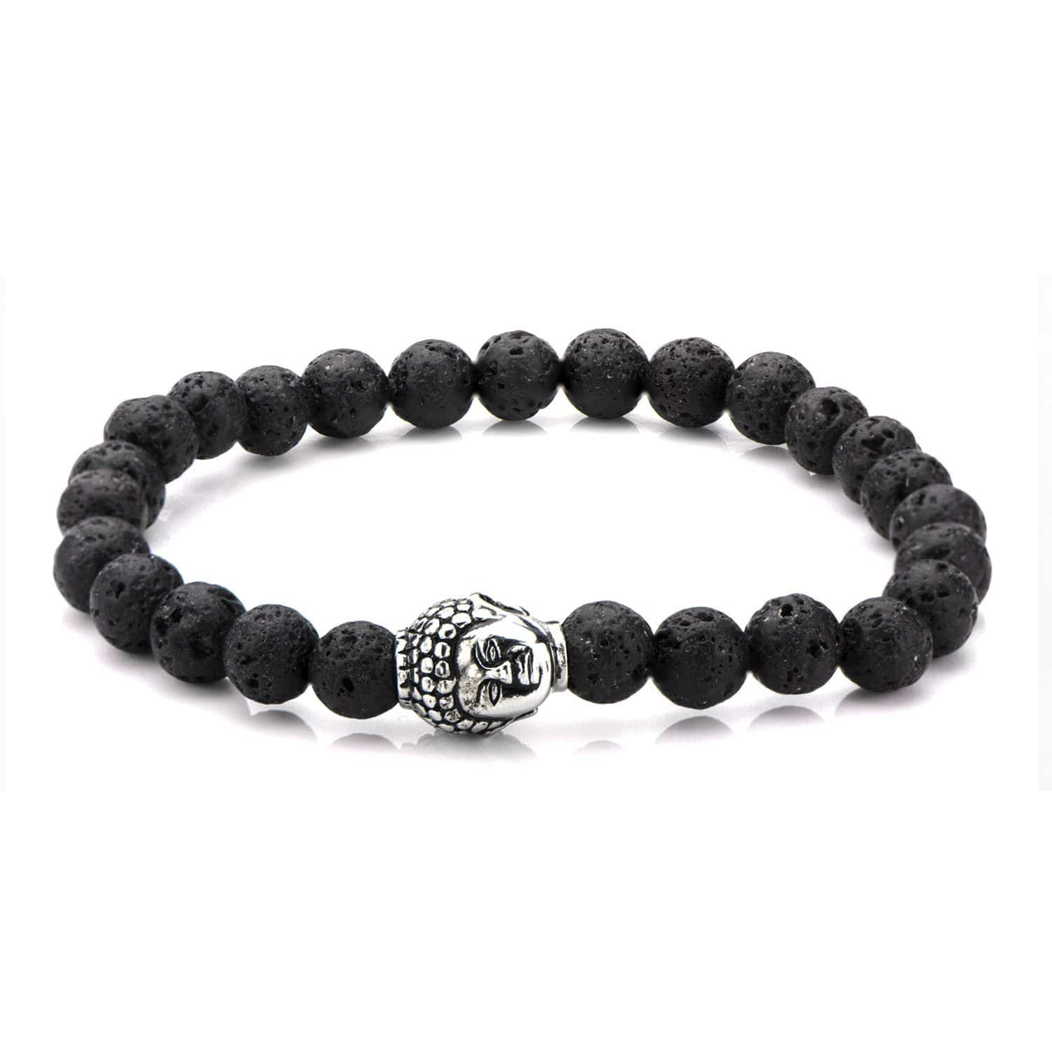INOX JEWELRY Bracelets Silver Tone Stainless Steel Buddha on Black Lava Satin Stretch Bracelet BR5149