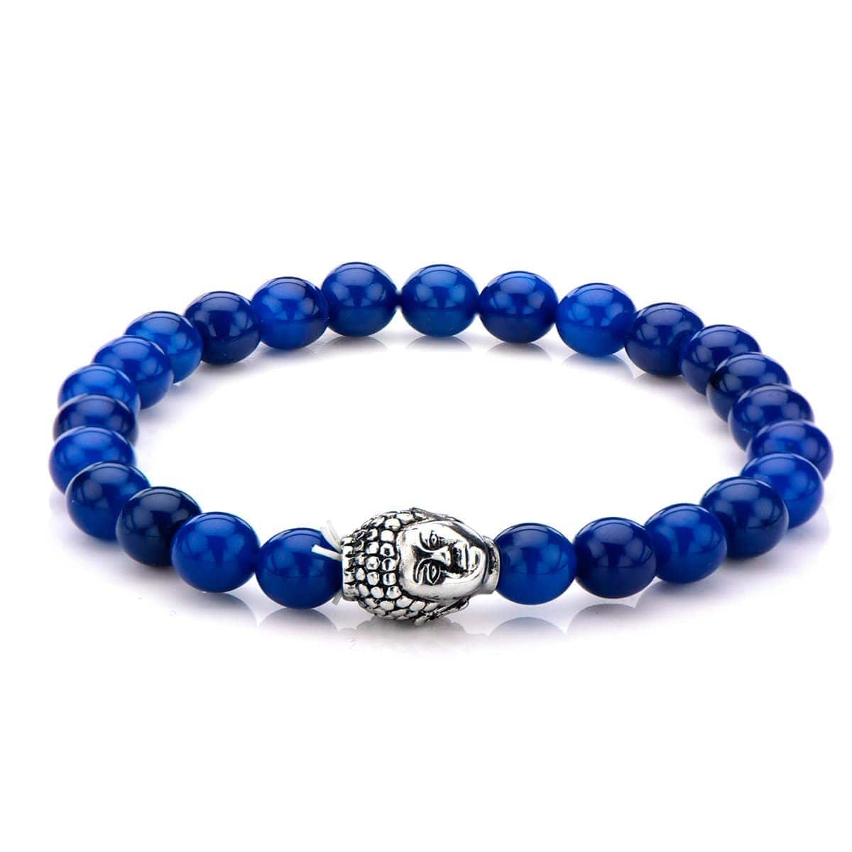 INOX JEWELRY Bracelets Silver Tone Stainless Steel Buddha on Blue Lapis Bead Stretch Bracelet BR5150