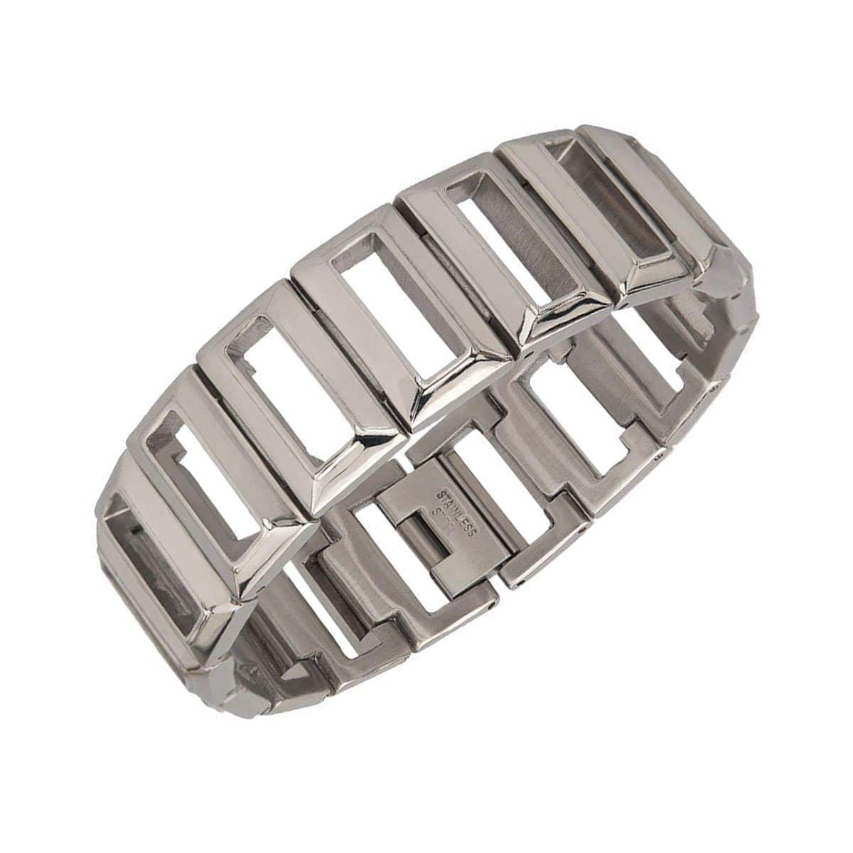 INOX JEWELRY Bracelets Silver Tone Stainless Steel Elongated Rectangle Cut-Out Link Bracelet BR9239