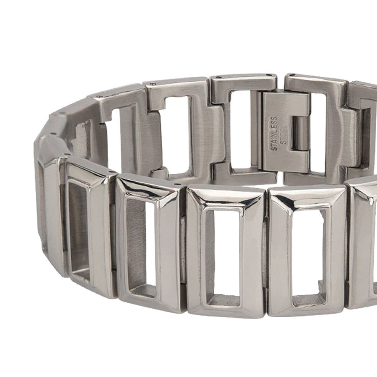 INOX JEWELRY Bracelets Silver Tone Stainless Steel Elongated Rectangle Cut-Out Link Bracelet BR9239