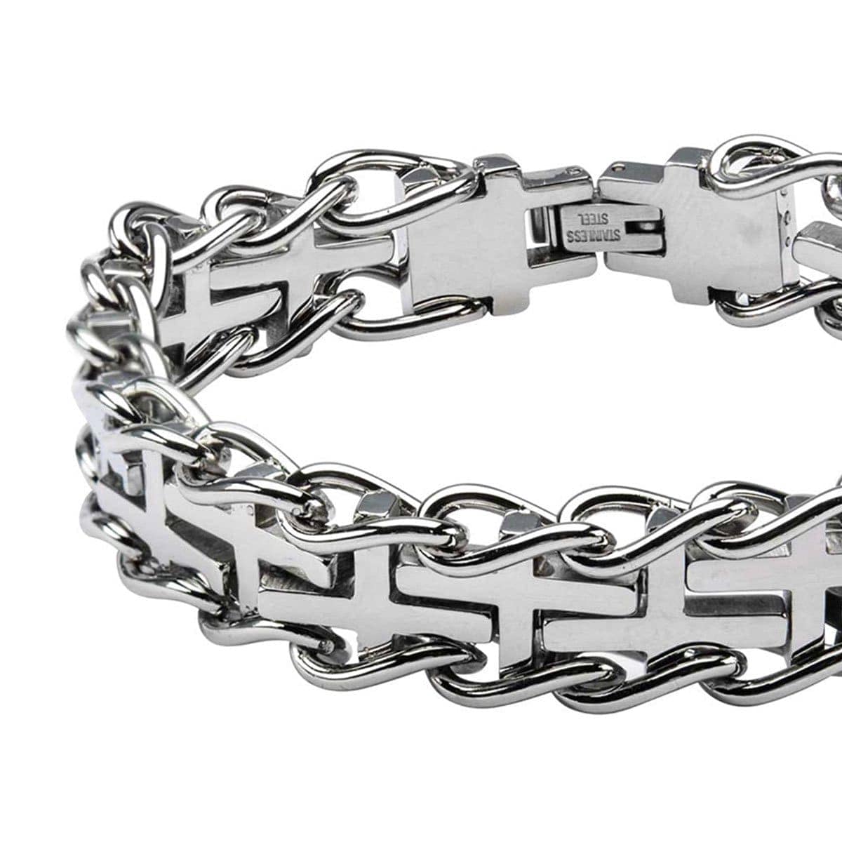 INOX JEWELRY Bracelets Silver Tone Stainless Steel Interlinked Cross Curb Chain Bracelet BR21164