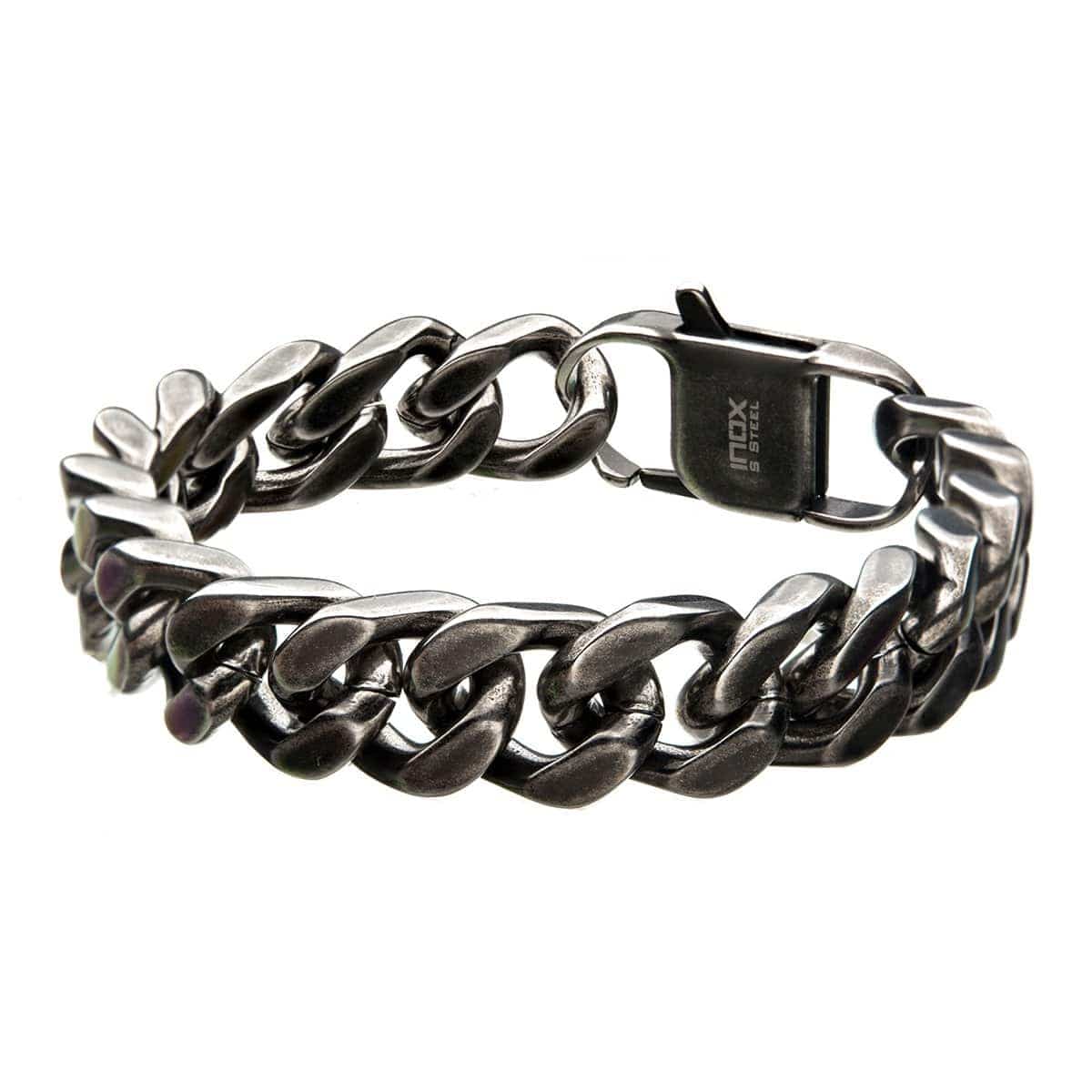INOX JEWELRY Bracelets Silver Tone Stainless Steel Oxidized Finish 13mm Diamond Cut Link Chain Bracelet BRAT04213-85