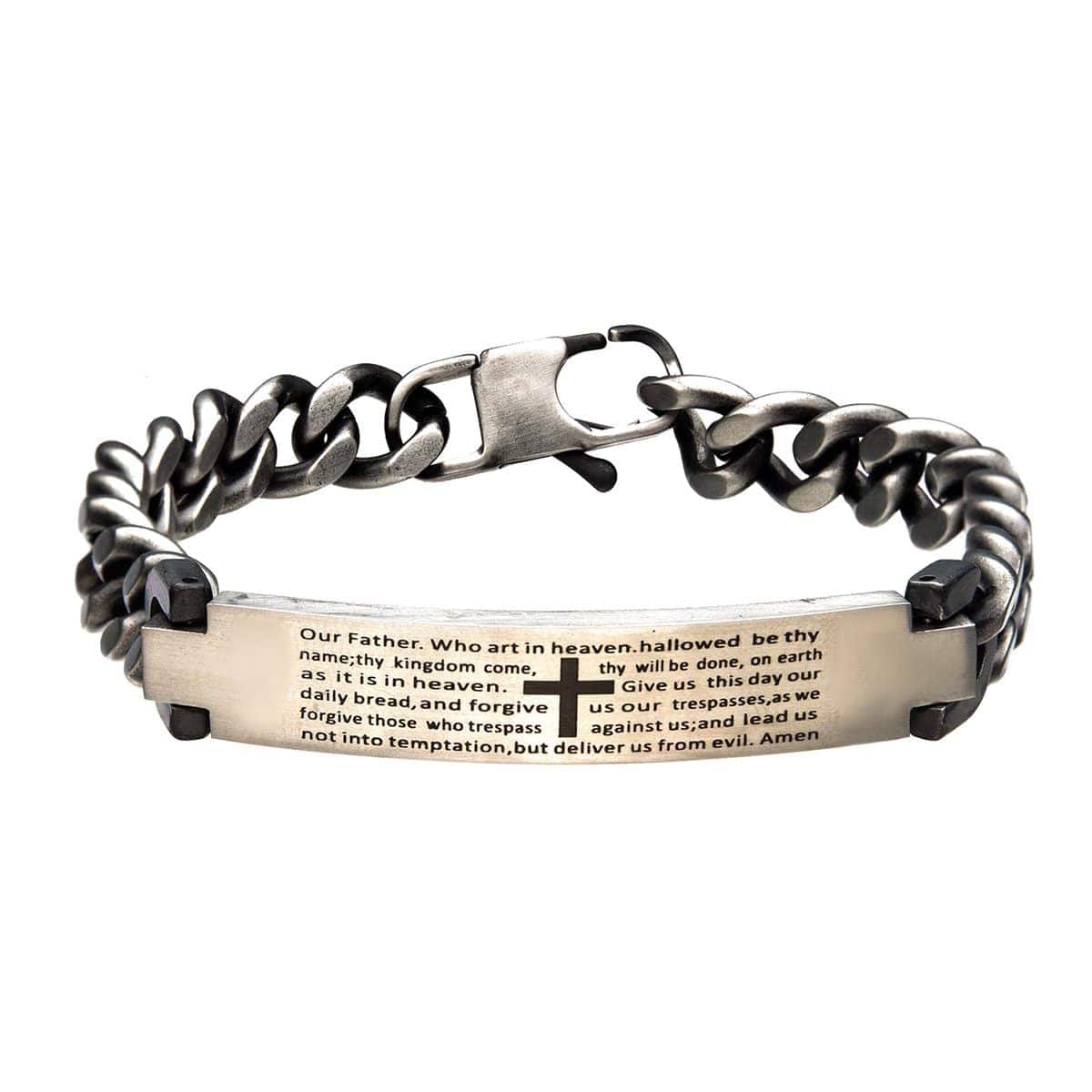 INOX JEWELRY Bracelets Silver Tone Stainless Steel Oxidized Finish Religious Prayer ID Tag Biker Bracelet BR8511GRY