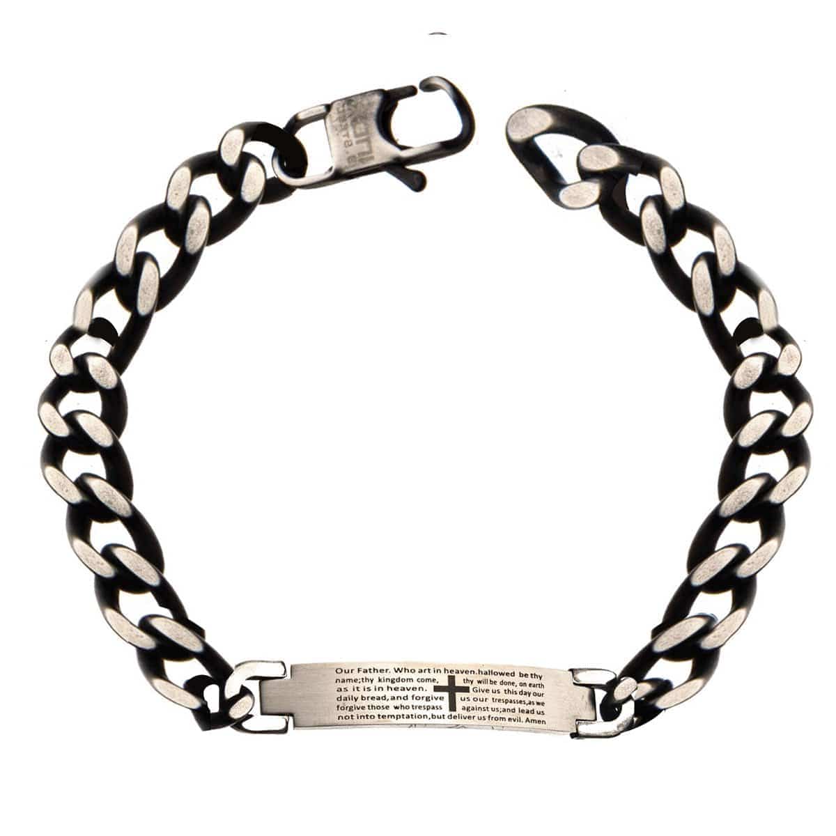 INOX JEWELRY Bracelets Silver Tone Stainless Steel Oxidized Finish Religious Prayer ID Tag Biker Bracelet BR8511GRY