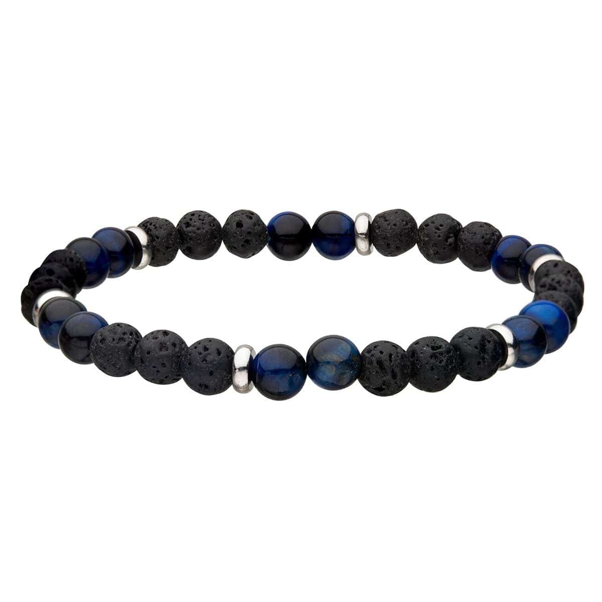 INOX JEWELRY Bracelets Silver Tone Stainless Steel with Blue Tiger's Eye and Black Molten Lava Bead Bracelet BR146TEB
