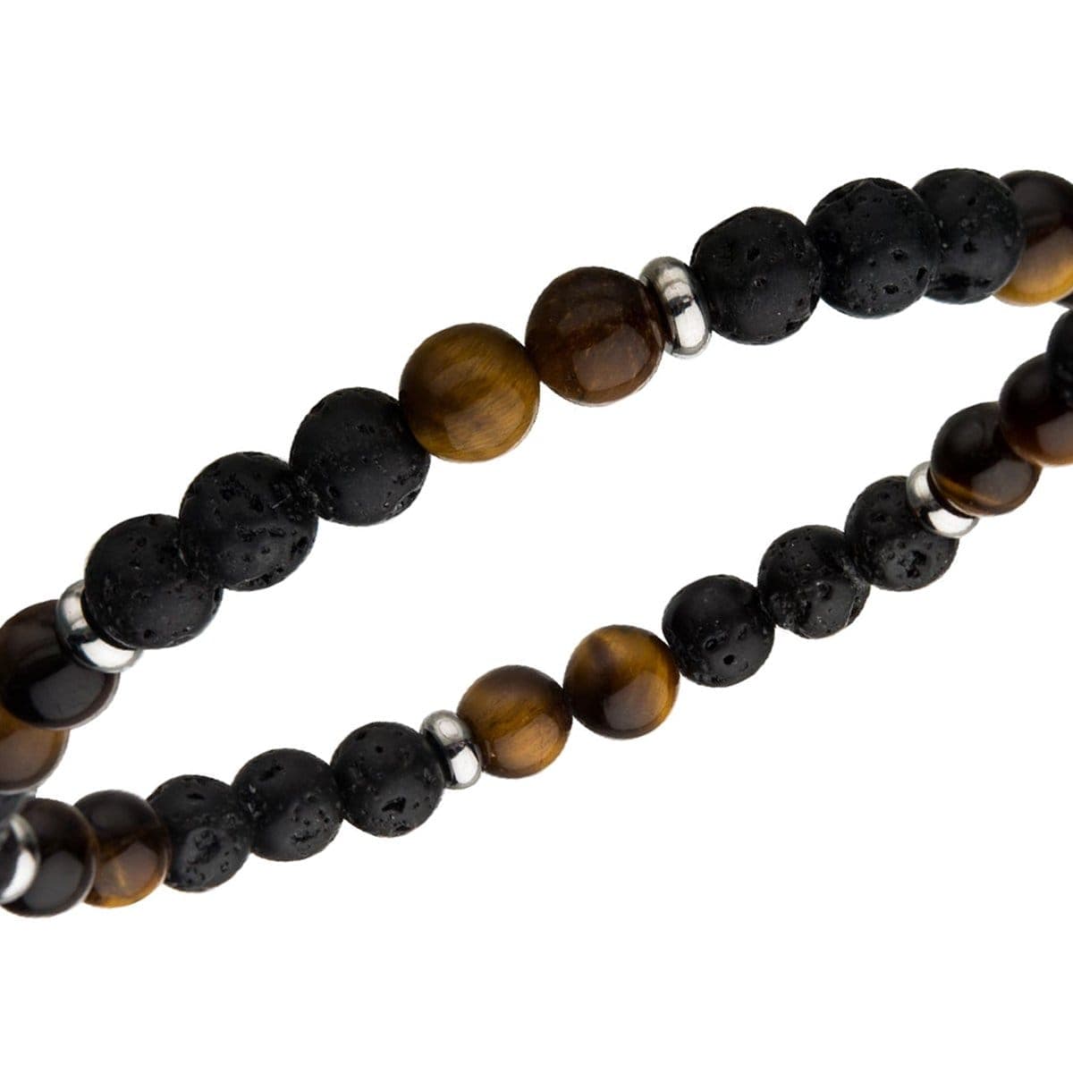 INOX JEWELRY Bracelets Silver Tone Stainless Steel with Brown Tiger's Eye and Black Molten Lava Bead Bracelet BR146TEY