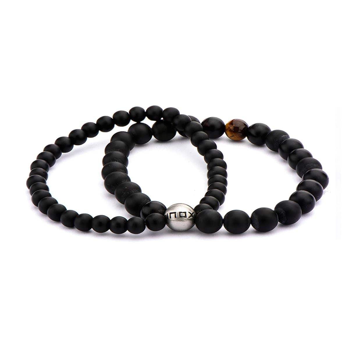 INOX JEWELRY Bracelets Silver Tone Stainless Steel with Tiger's Eye and Black Onyx Double Strand Stretch Bracelet BR5139