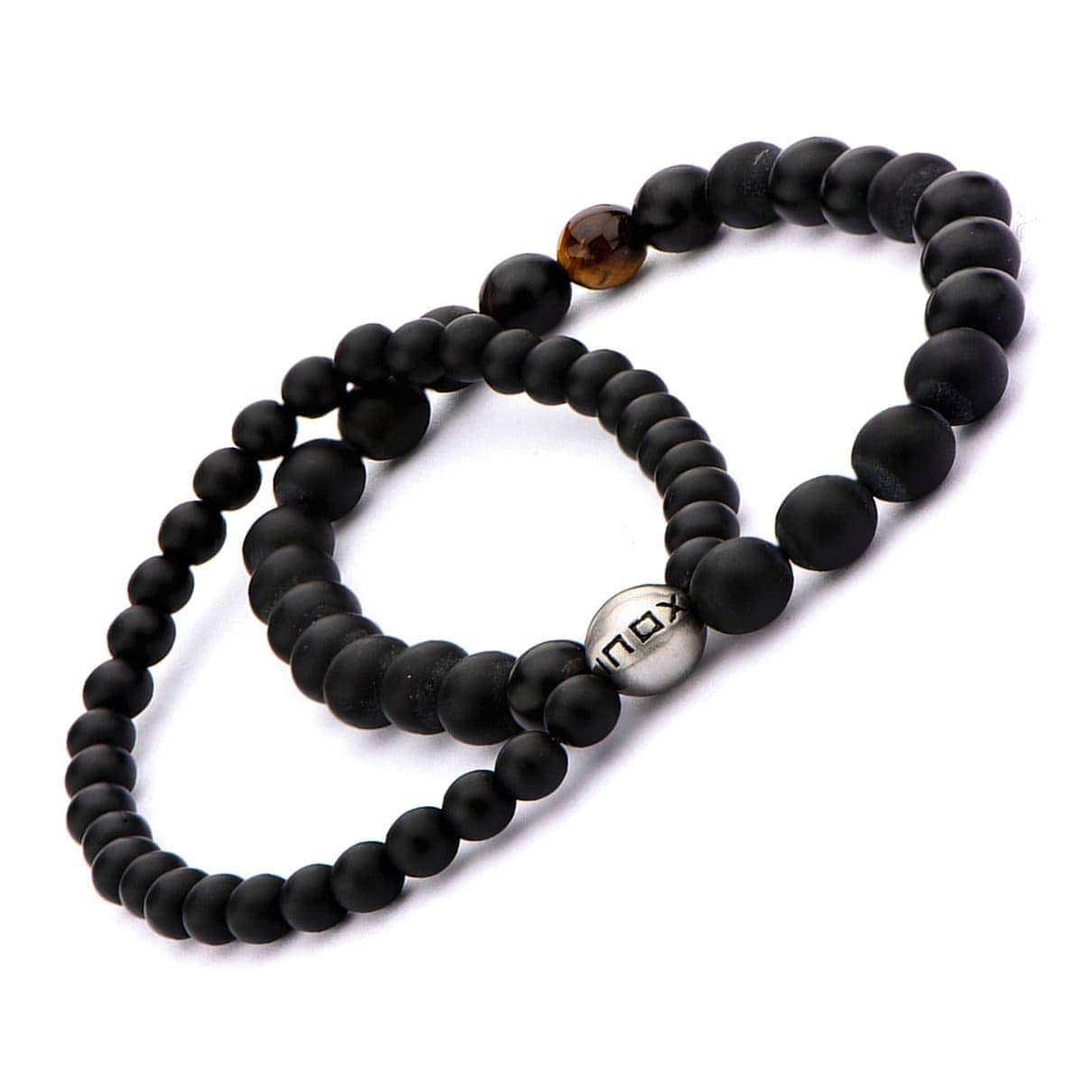 INOX JEWELRY Bracelets Silver Tone Stainless Steel with Tiger's Eye and Black Onyx Double Strand Stretch Bracelet BR5139