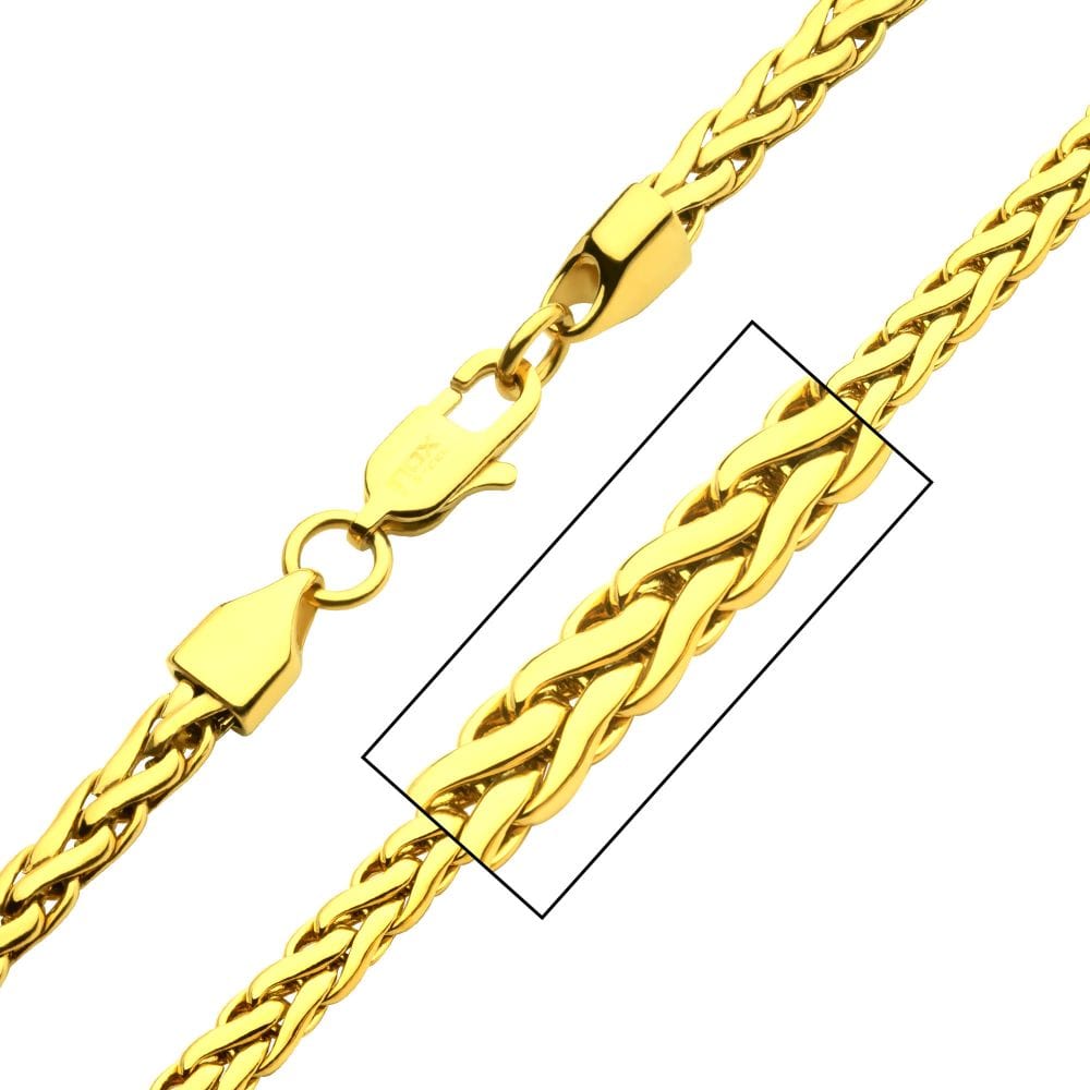 INOX JEWELRY Chains 5mm 18Kt High Polished Finish Gold IP Stainless Steel Spiga Chain Necklace
